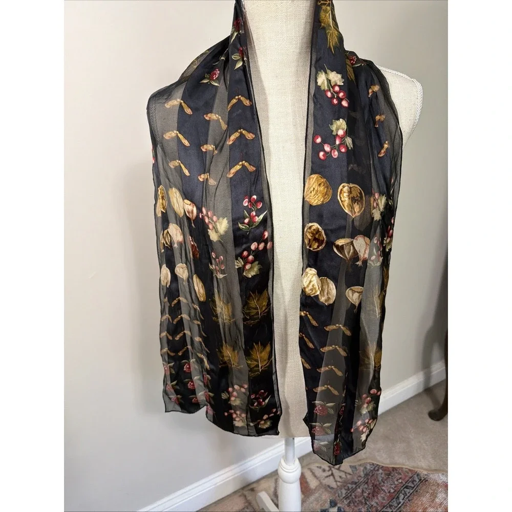 Echo Silk Botanical Scarf With Nuts, Seeds, Berries On Black Signed 58